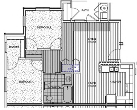 Floor plan for 2 beds, 1 bath, 866 sqft